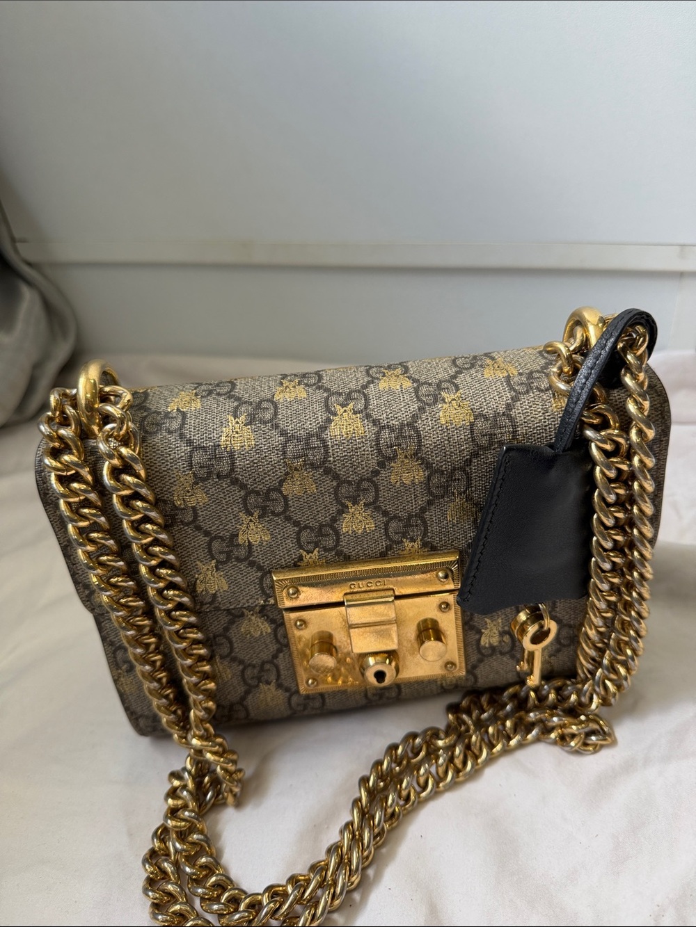 Gucci Beige GG Supreme Canvas Shoulder Bag with Gold Chain
